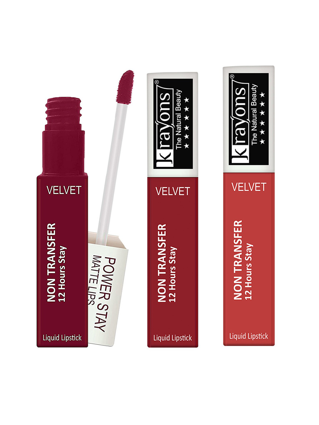 krayons Set of 3 Power Stay Non-Transfer 12 Hours Stay   Matte Liquid Lipsticks 4 ml Each-Maroon Magic 09 - Red Rush 22 - Burnt Orange 01