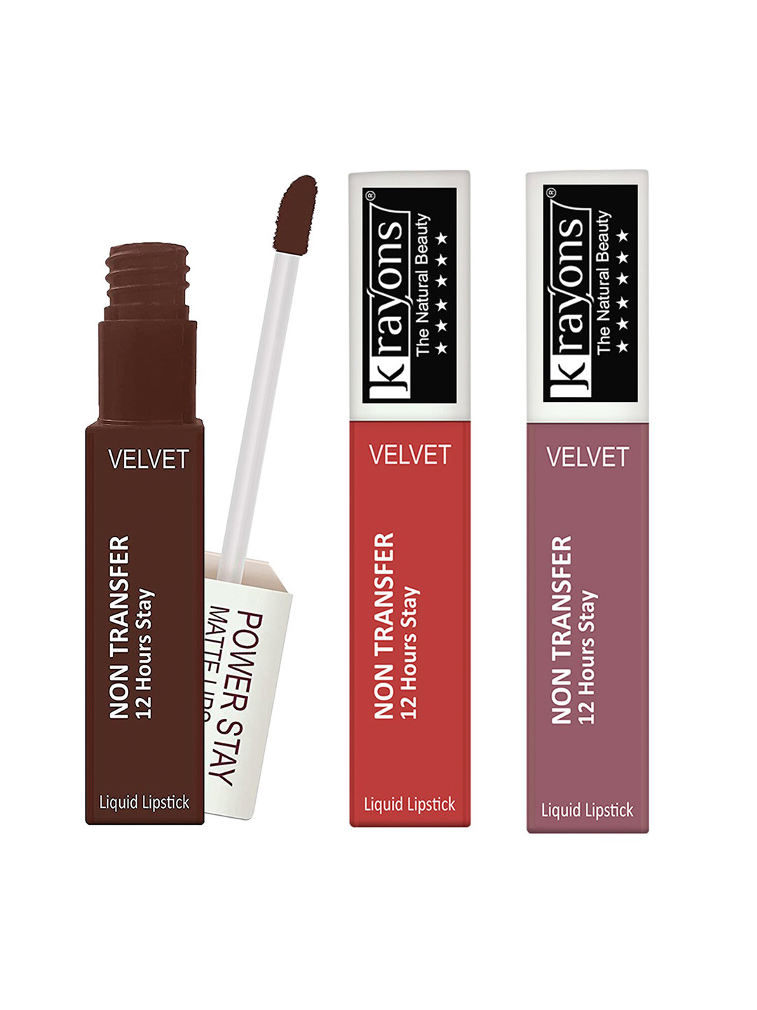 krayons Set of 3 Power Stay Non-Transfer 12 Hours Stay   Matte Liquid Lipsticks 4 ml Each-Caramel 16 - Burnt Orange 01 - Mauve Glaze 23