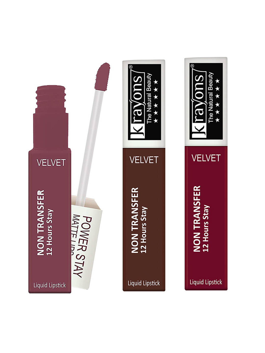 krayons Set of 3 Power Stay Non-Transfer 12 Hours Stay   Matte Liquid Lipsticks 4 ml Each-Mauve Glaze 23 - Caramel 16 - Maroon Magic 09
