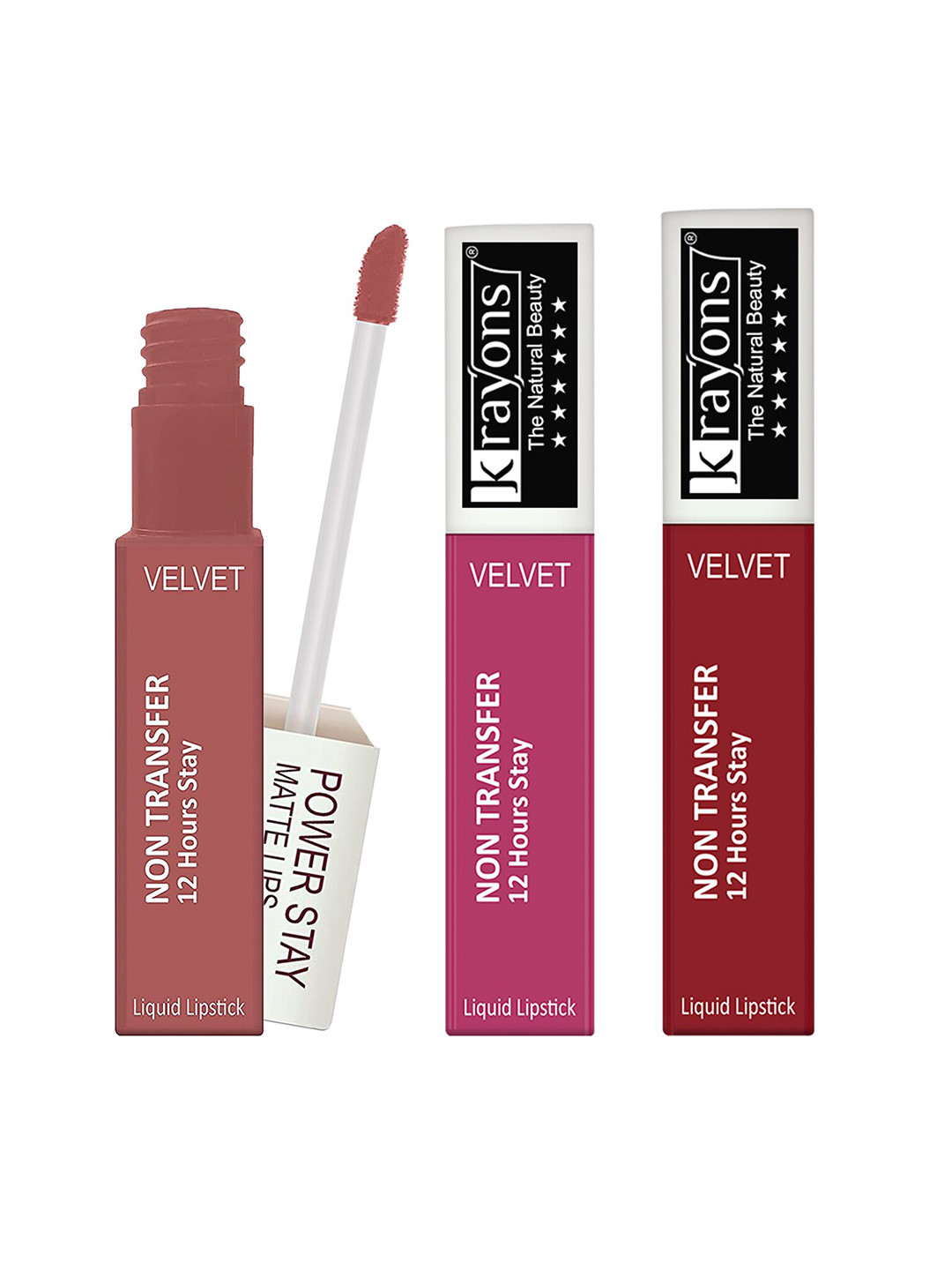 krayons Set of 3 Power Stay Non-Transfer 12 Hours Stay   Matte Liquid Lipsticks 4 ml Each-Wow Nude 21 - Pink Glam 10 - Red Rush 22