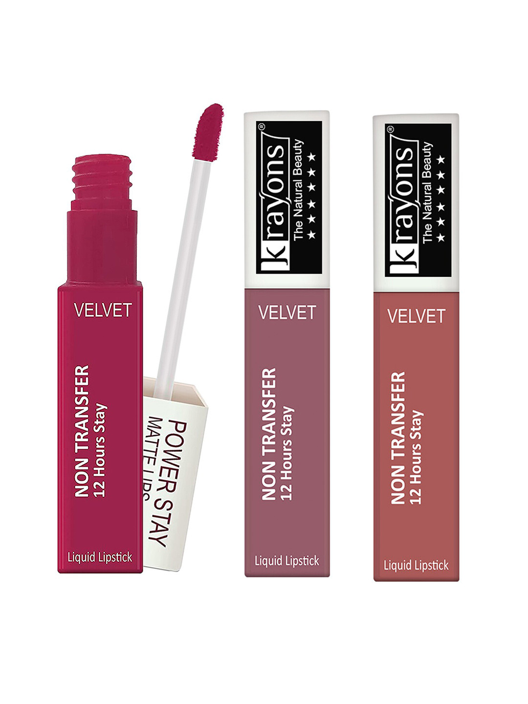 krayons Set of 3 Power Stay Non-Transfer 12 Hours Stay   Matte Liquid Lipsticks 4 ml Each-Pink Glam 10 - Mauve Glaze 23 - Wow Nude 21