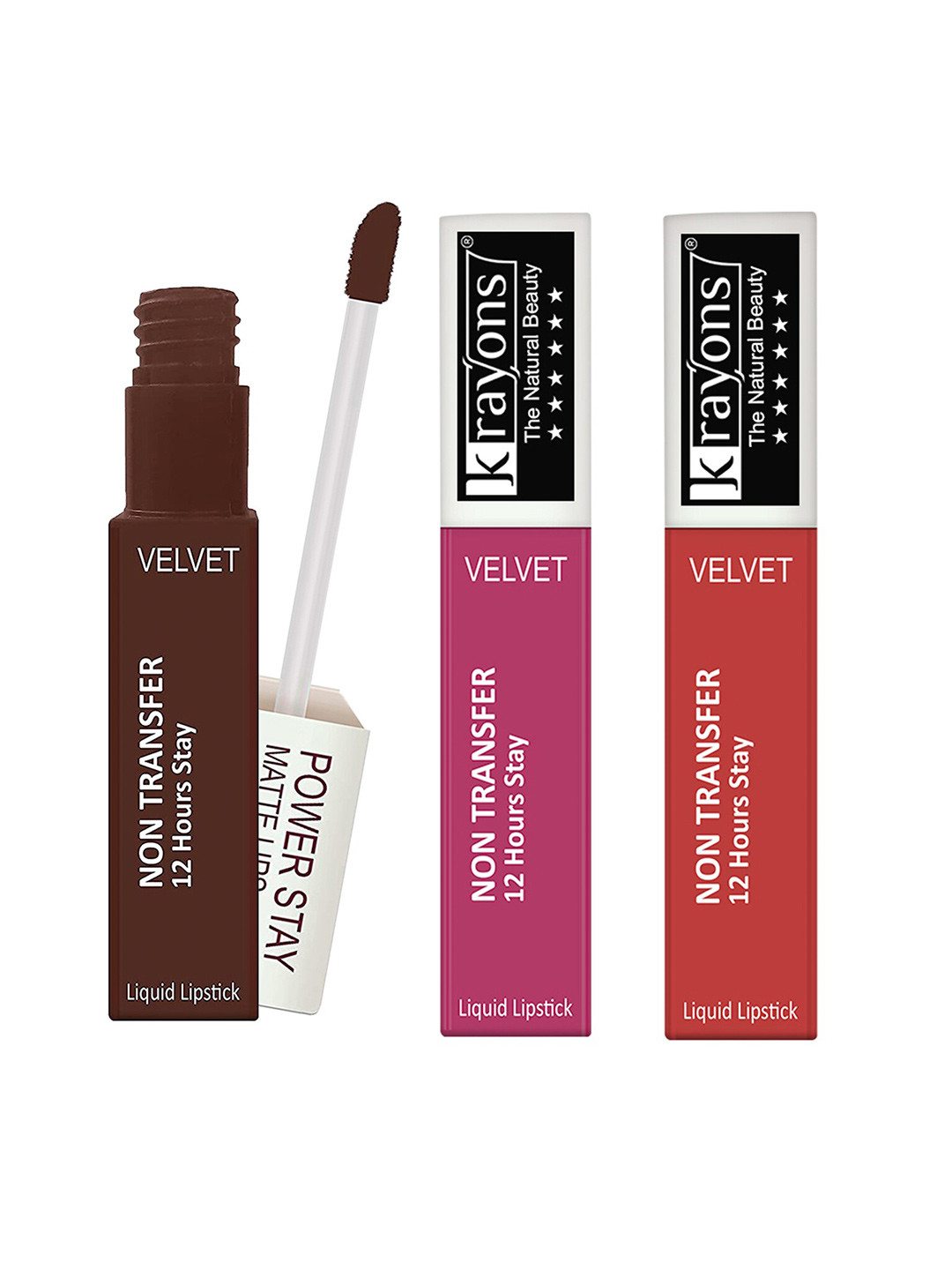 krayons Set of 3 Power Stay Non-Transfer 12 Hours Stay   Matte Liquid Lipsticks 4 ml Each-Caramel 16 - Pink Glam 10 - Burnt Orange 01