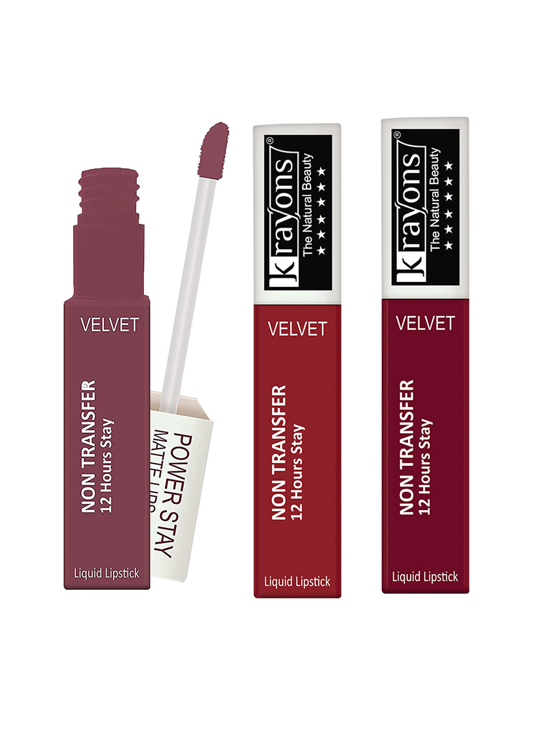 krayons Set of 3 Power Stay Non-Transfer 12 Hours Stay   Matte Liquid Lipsticks 4 ml Each-Mauve Glaze 23 - Red Rush 22 - Maroon Magic 09