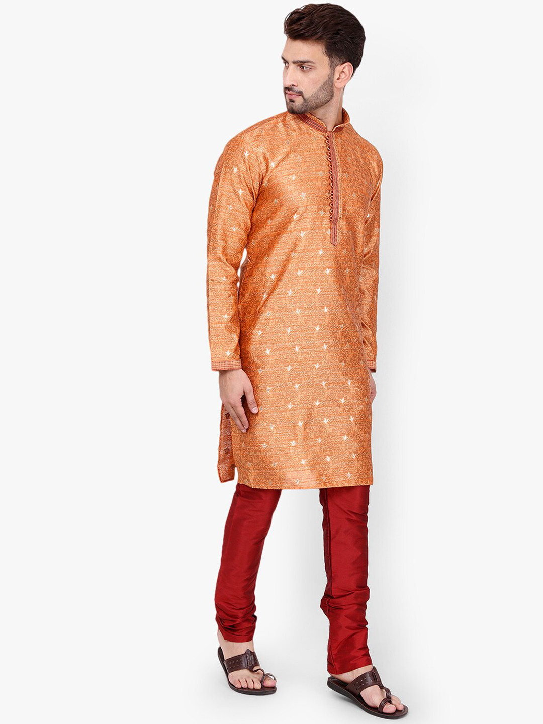 Pro-Ethic STYLE DEVELOPER Men Orange Floral Embroidered Mirror Work Pure Silk Kurta with Churidar
