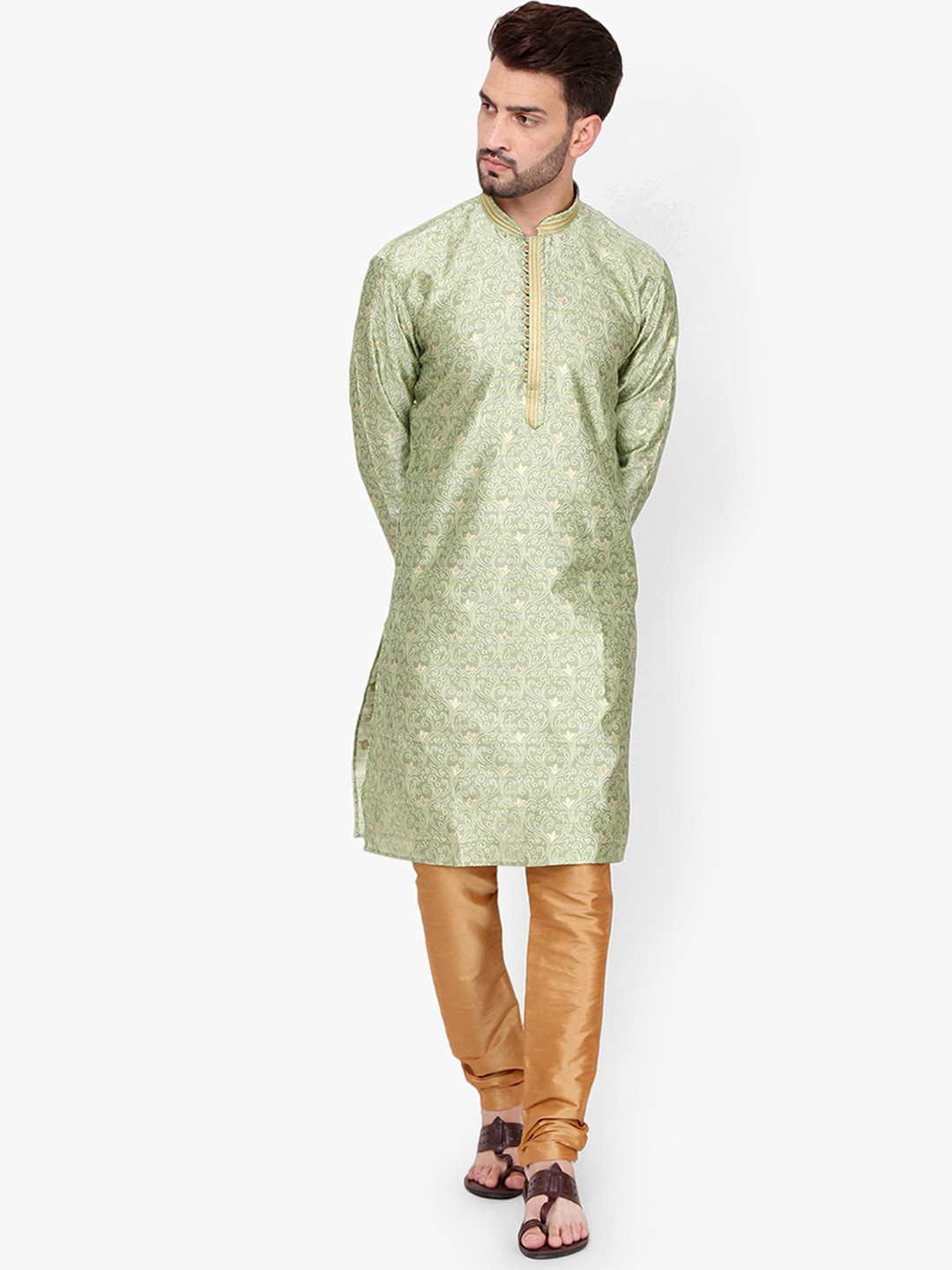 Pro-Ethic STYLE DEVELOPER Men Green Floral Mirror Work Pure Silk Kurta with Pyjamas