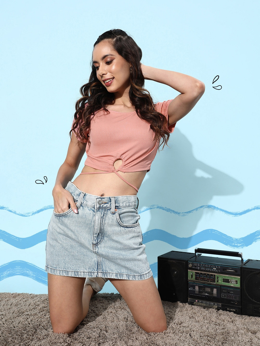 Mast & Harbour Blush Peach-Coloured Ribbed 90's Hollaback Cutout Course Crop Top