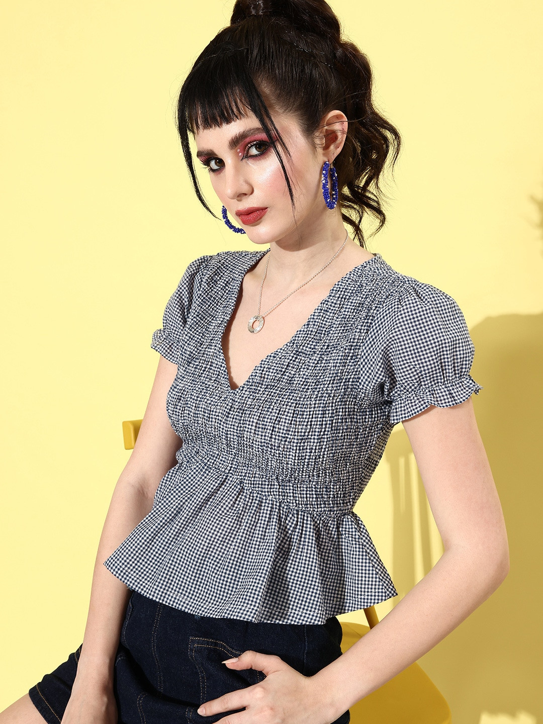 Mast & Harbour Navy Blue Pure Cotton Checked Romance Ramble Decorative Smocking Empire Top