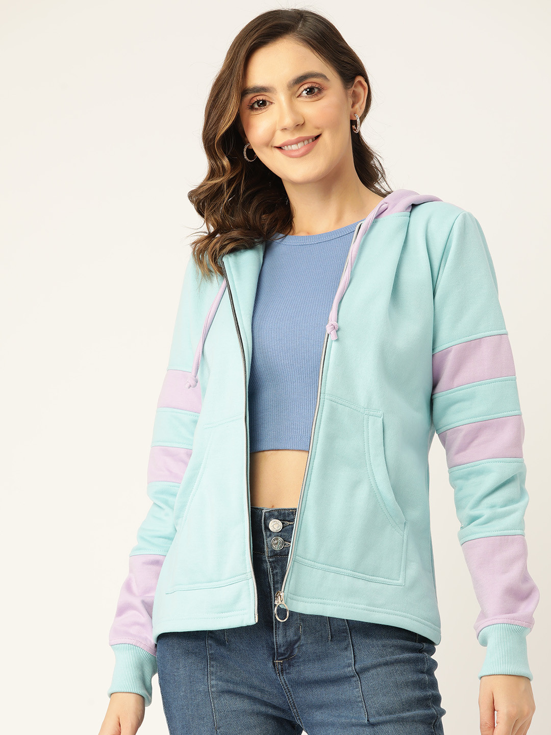 BRINNS Women Colourblocked Fleece Hooded Sweatshirt