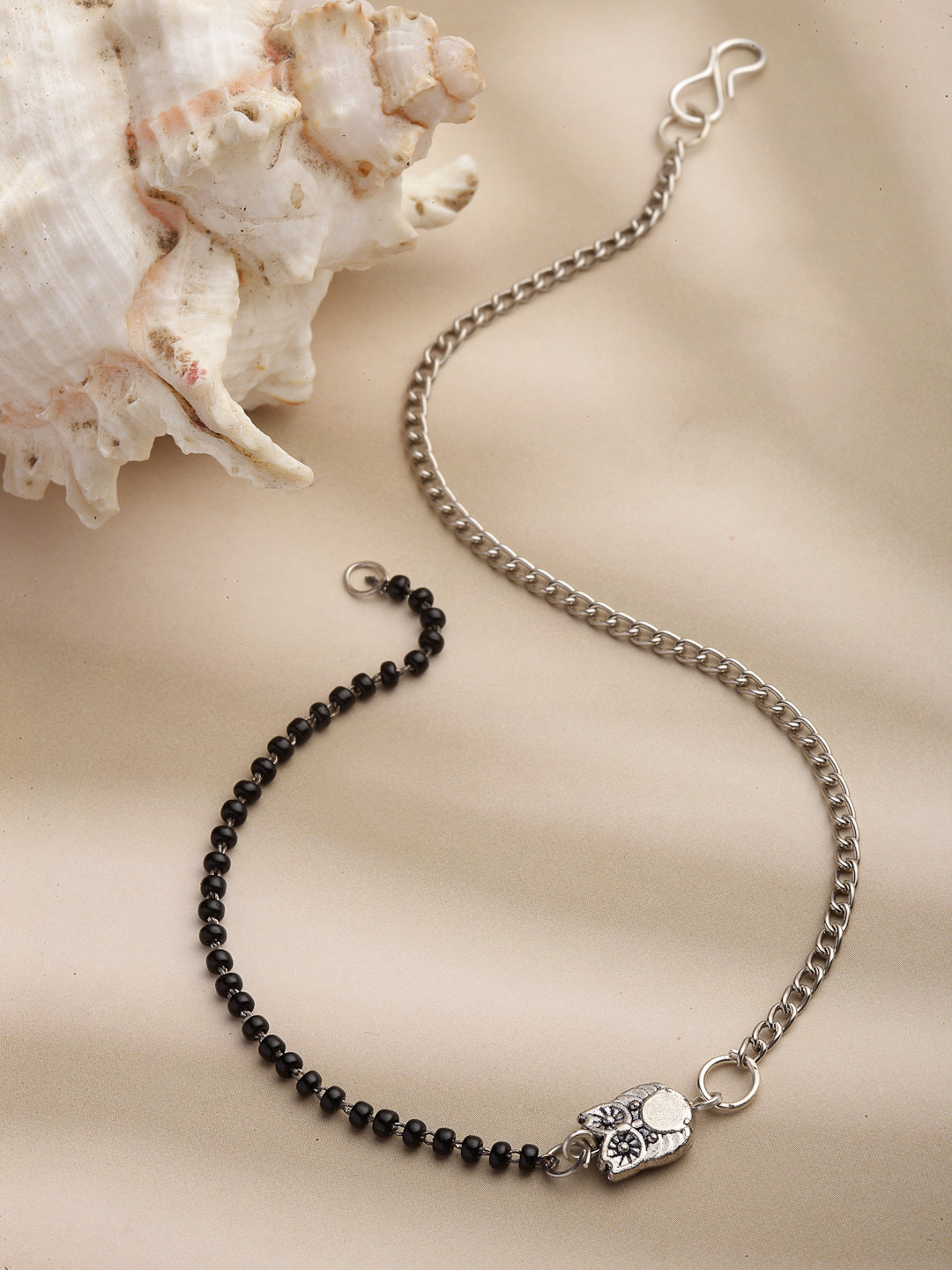 Panash Oxidised Silver-Toned Black Beads Owl Shaped Anklet
