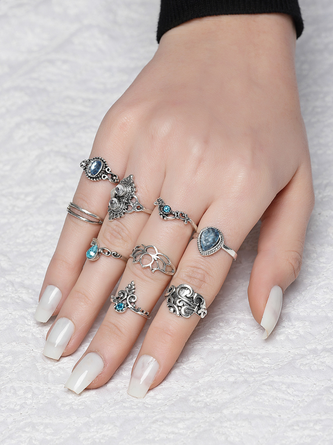 VOGUE PANASH Set Of 9 Oxidized Silver-Plated Stone-Studded Finger Rings