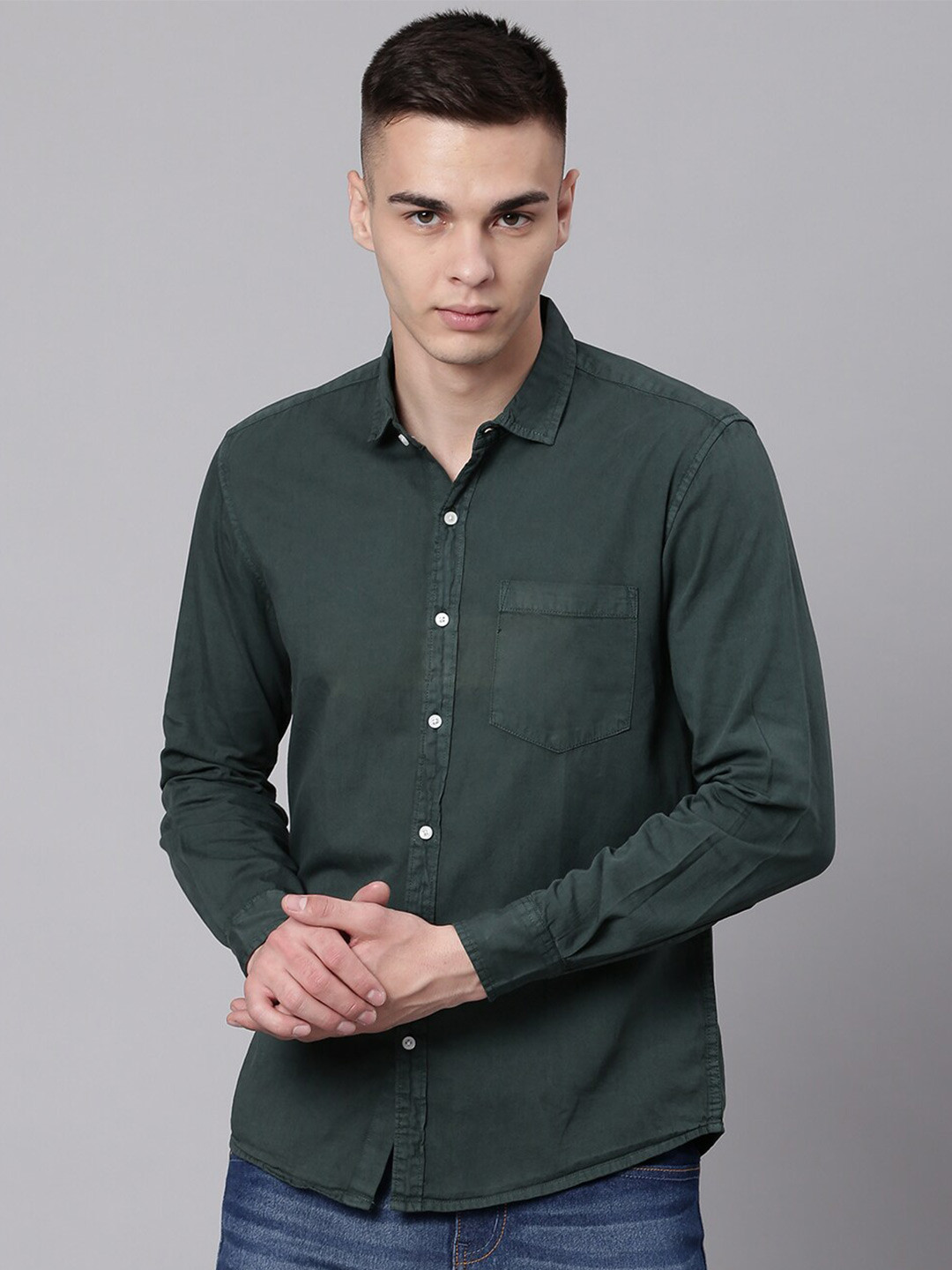High Star Men Green Spread Collar Casual Shirt