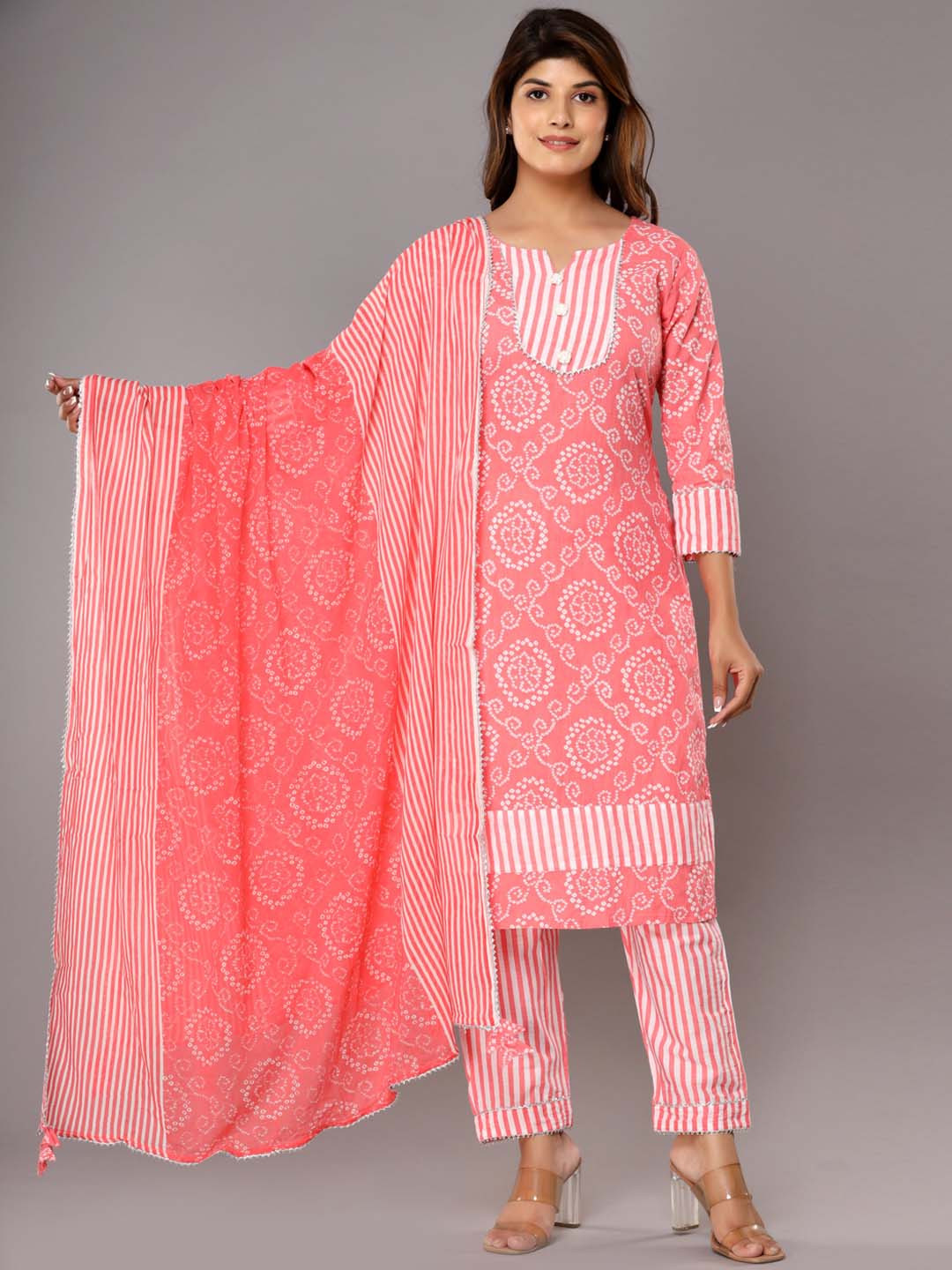 Shedika Women Bandhani Printed Pure Cotton Kurta with Trousers & Dupatta