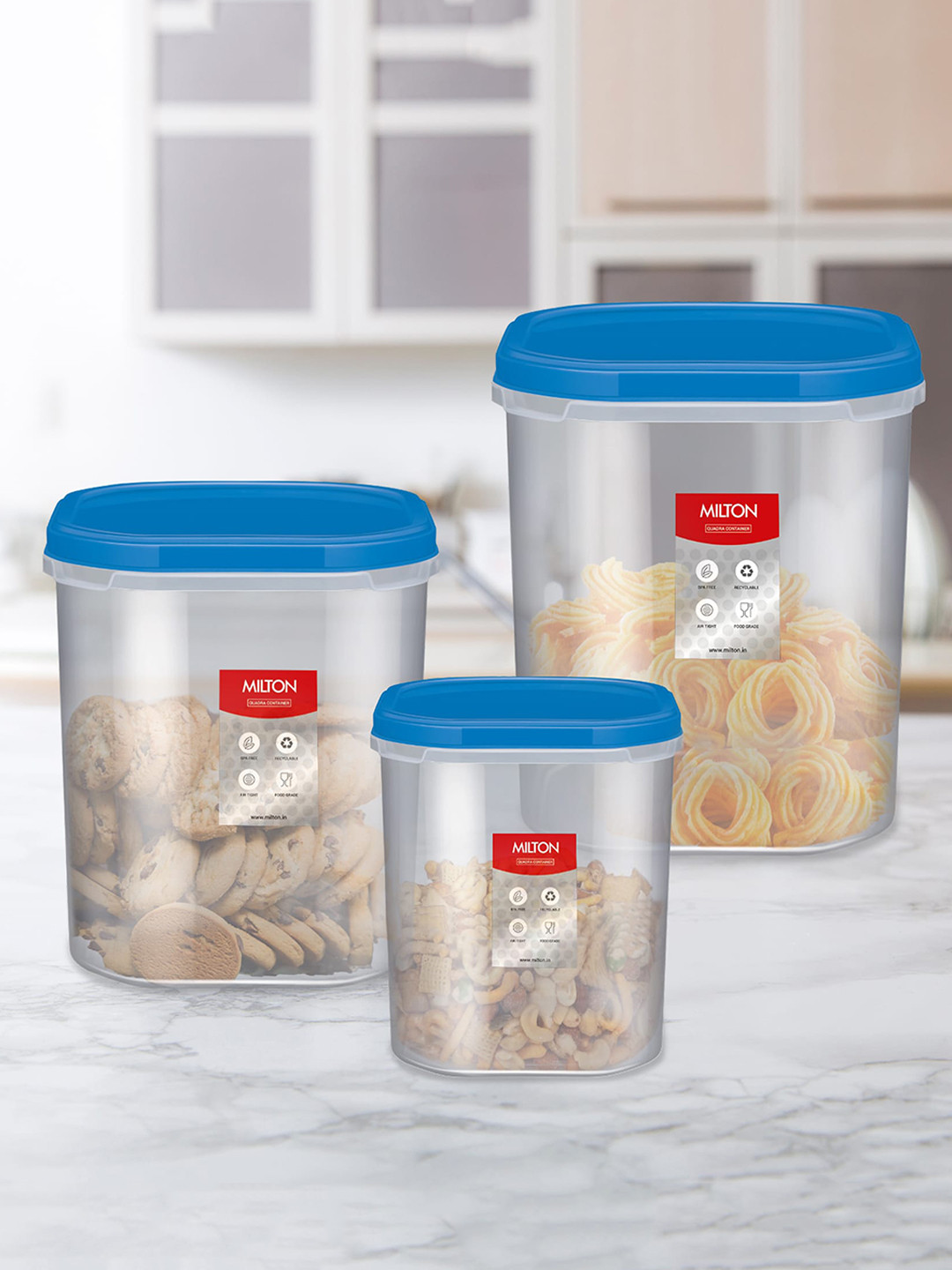 Milton Quadra Blue Set Of 3 Air Tight Kitchen Storage Containers 4L 3L 2L