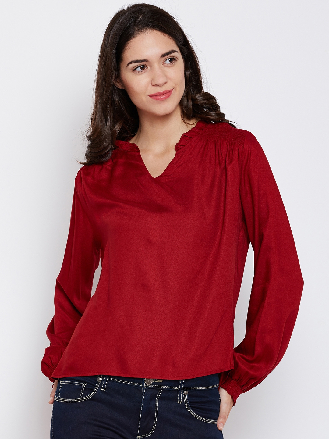 Harpa Women Round Neck Solid Top Maroon