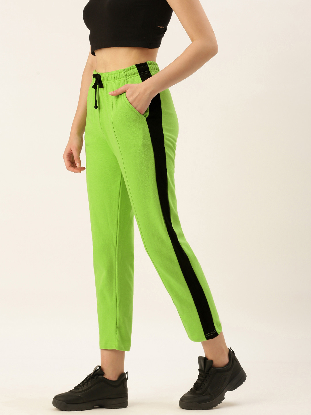 ARISE Women Green & Black Striped Cropped Track Pants