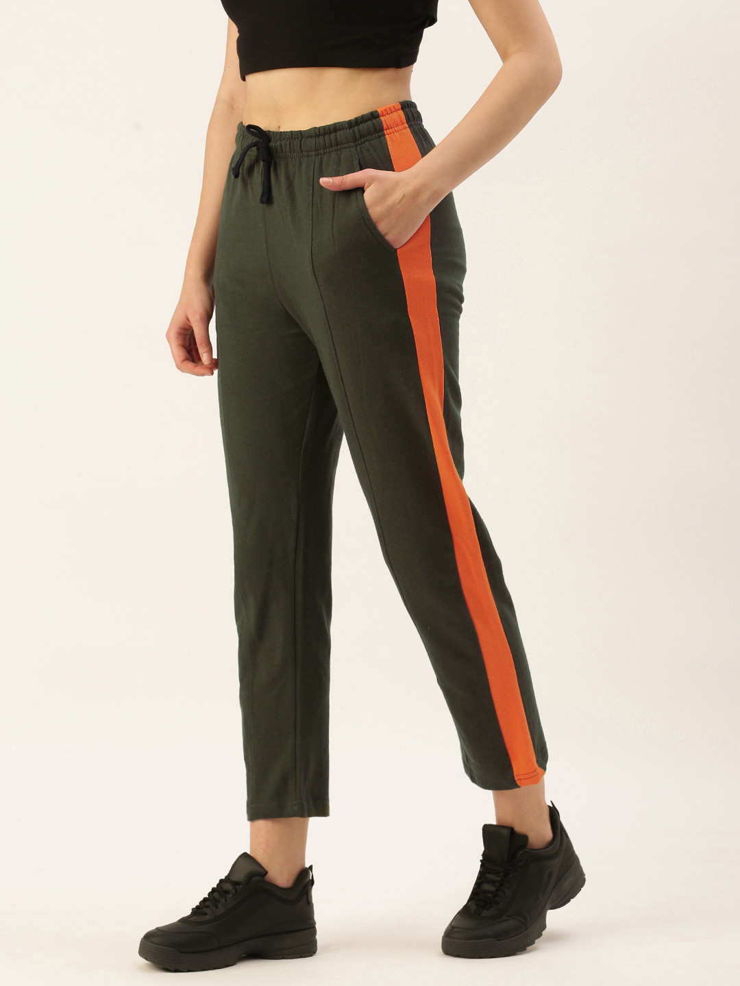 Arise Women Olive Green & Orange Striped Cropped Track Pants