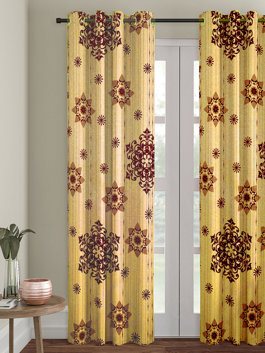 ROMEE Beige & Green Floral Velvet Room Darkening Door Curtain
