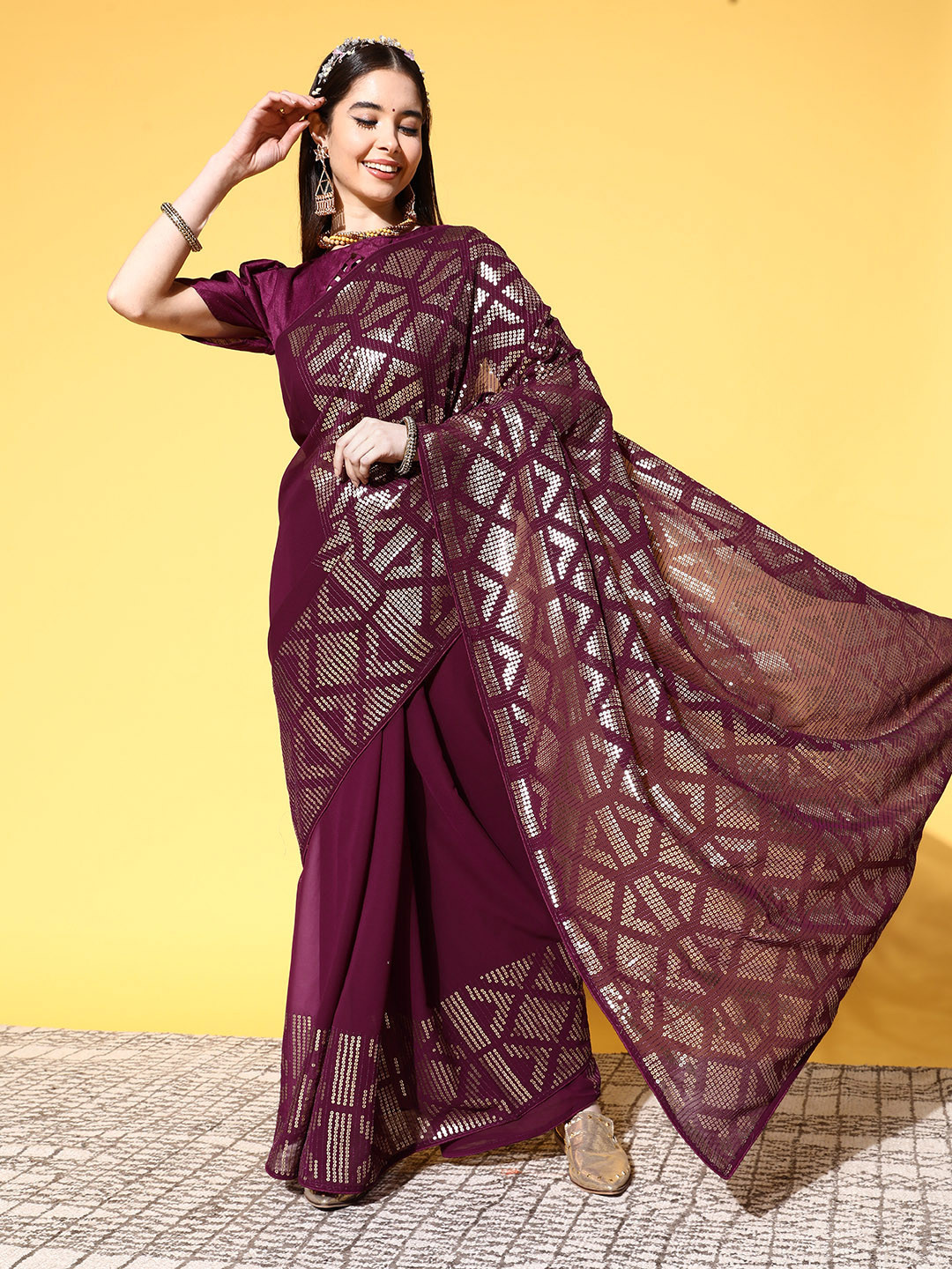 Mitera Maroon Embellished Sequinned Maheshwari Saree