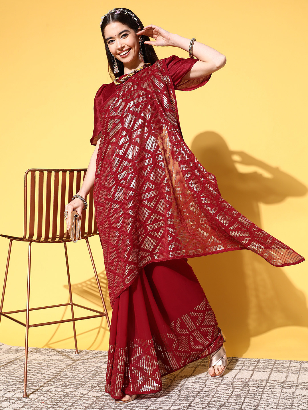 Mitera Maroon Embellished Sequinned Maheshwari Saree