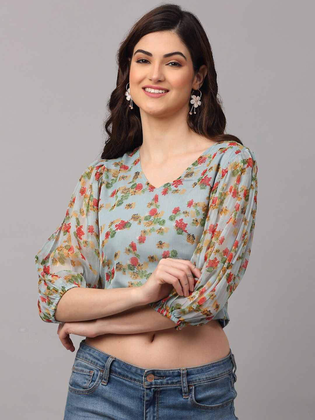 NEUDIS Teal Floral Print Chiffon Crop Top