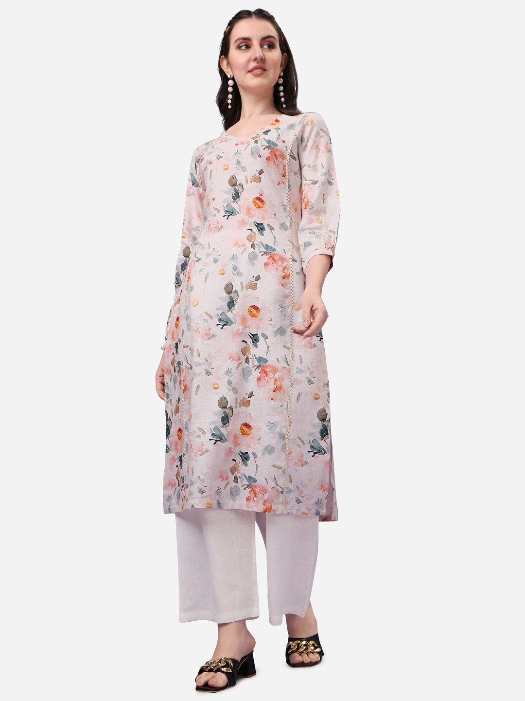 Seerat Floral Printed Notched Neck Straight Kurta