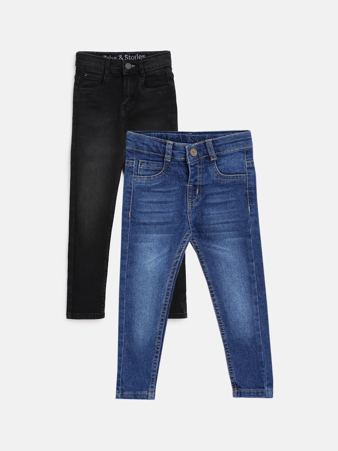 TALES & STORIES Boys Pack of 2 Cotton Slim Fit Low Distress Light Fade Stretchable Jeans