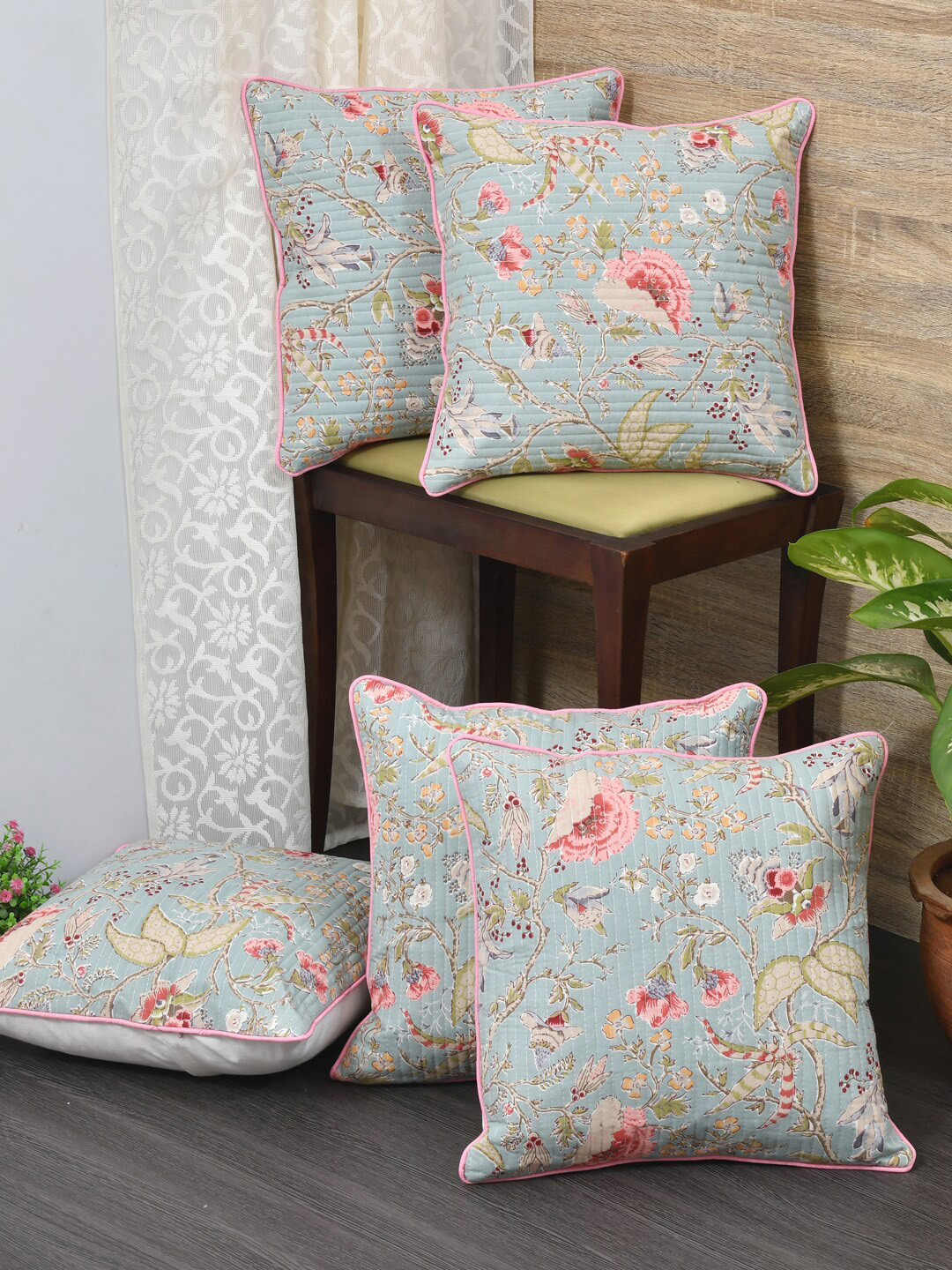 Clasiko Orange Floral Cotton Breathable 5 Piece Square Cushion Covers -12x12In