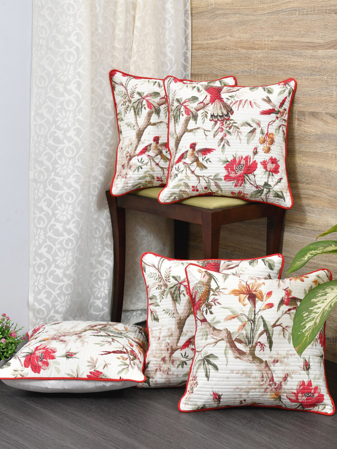 Clasiko Flowers & Birds Flowers Birds Floral Cotton 5 Pcs Cushion Covers - 24 x 24 In