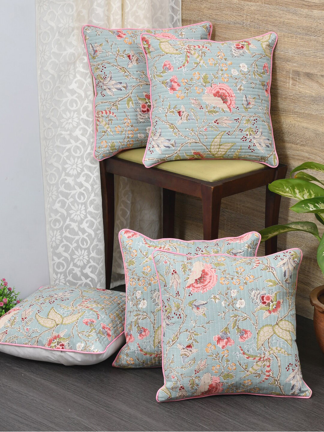 Clasiko Blue & Orange Set of 5 Floral Cotton Square Cushion Covers