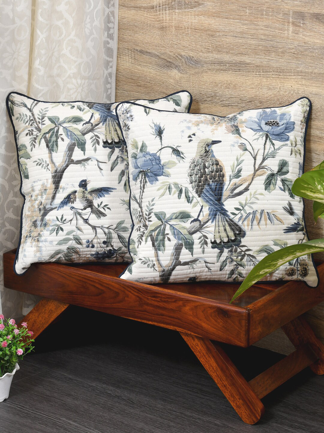 Clasiko Flowers Birds Floral Cotton 2 Pcs Square Cushion Covers - 12 x 12 In