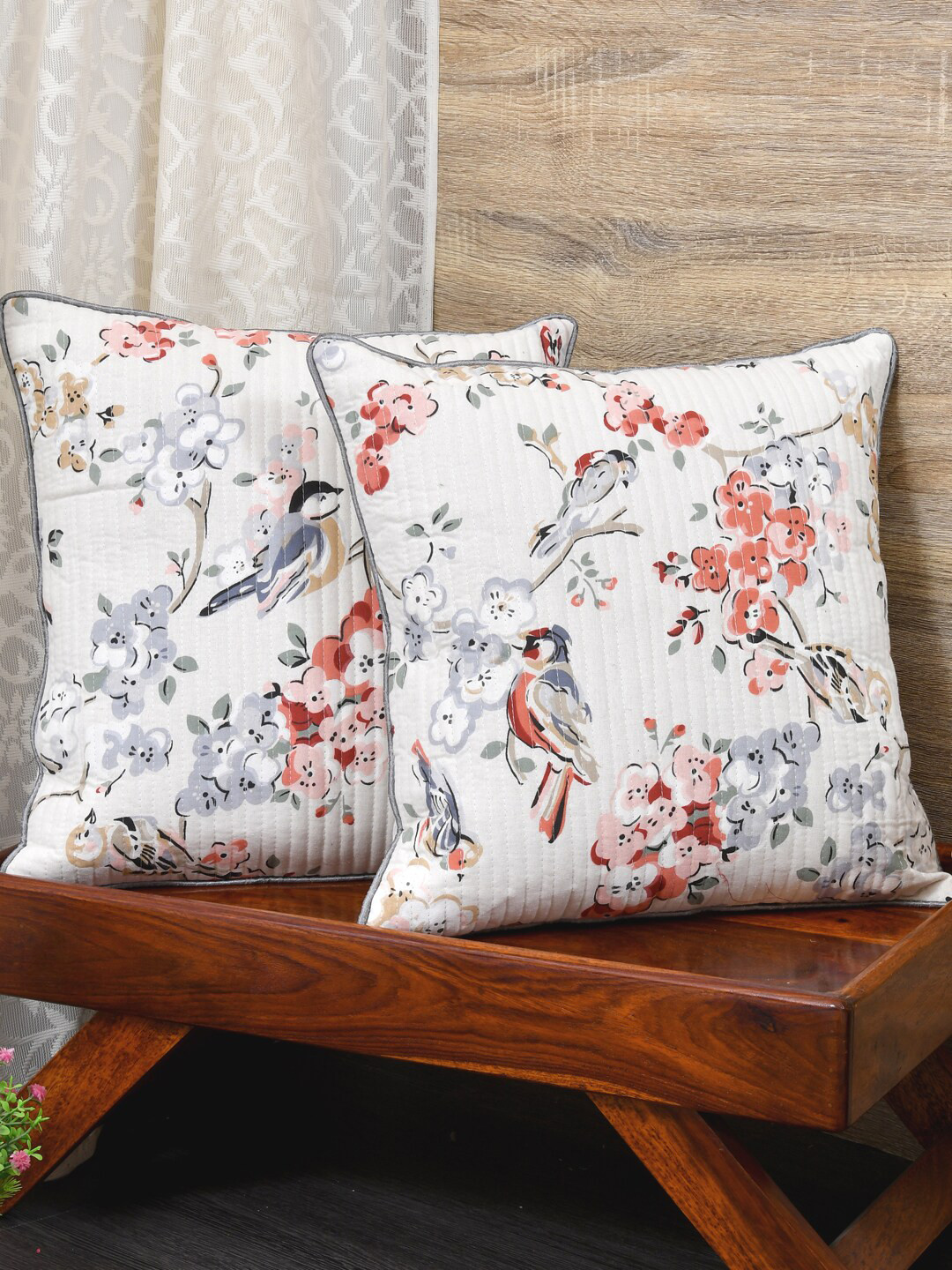 Clasiko Light-Weight White Floral Cotton 2 Piece Textured Square Cushion Covers -16x16In