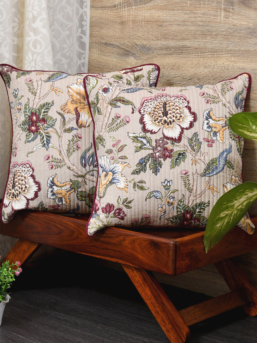 Clasiko Flowers Beige Floral Cotton Lightweight 2 Pcs Square Cushion Covers - 12 x 12 In