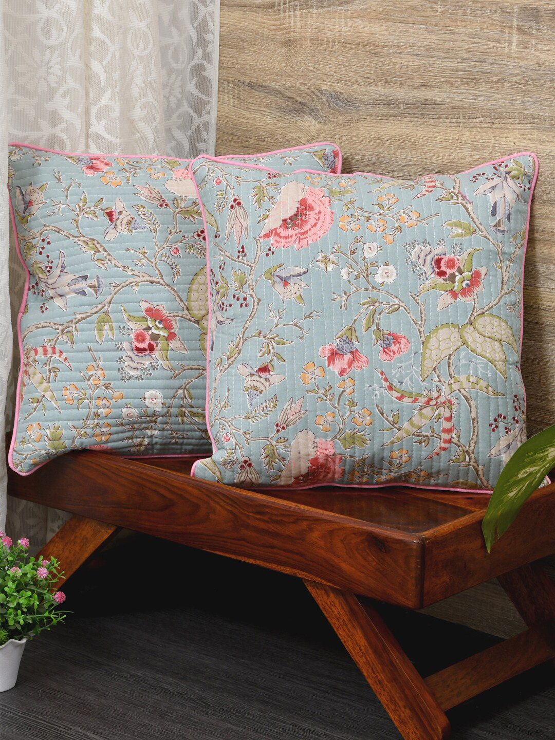 Clasiko Blue & Orange Set of 2 Floral Cotton Square Cushion Covers
