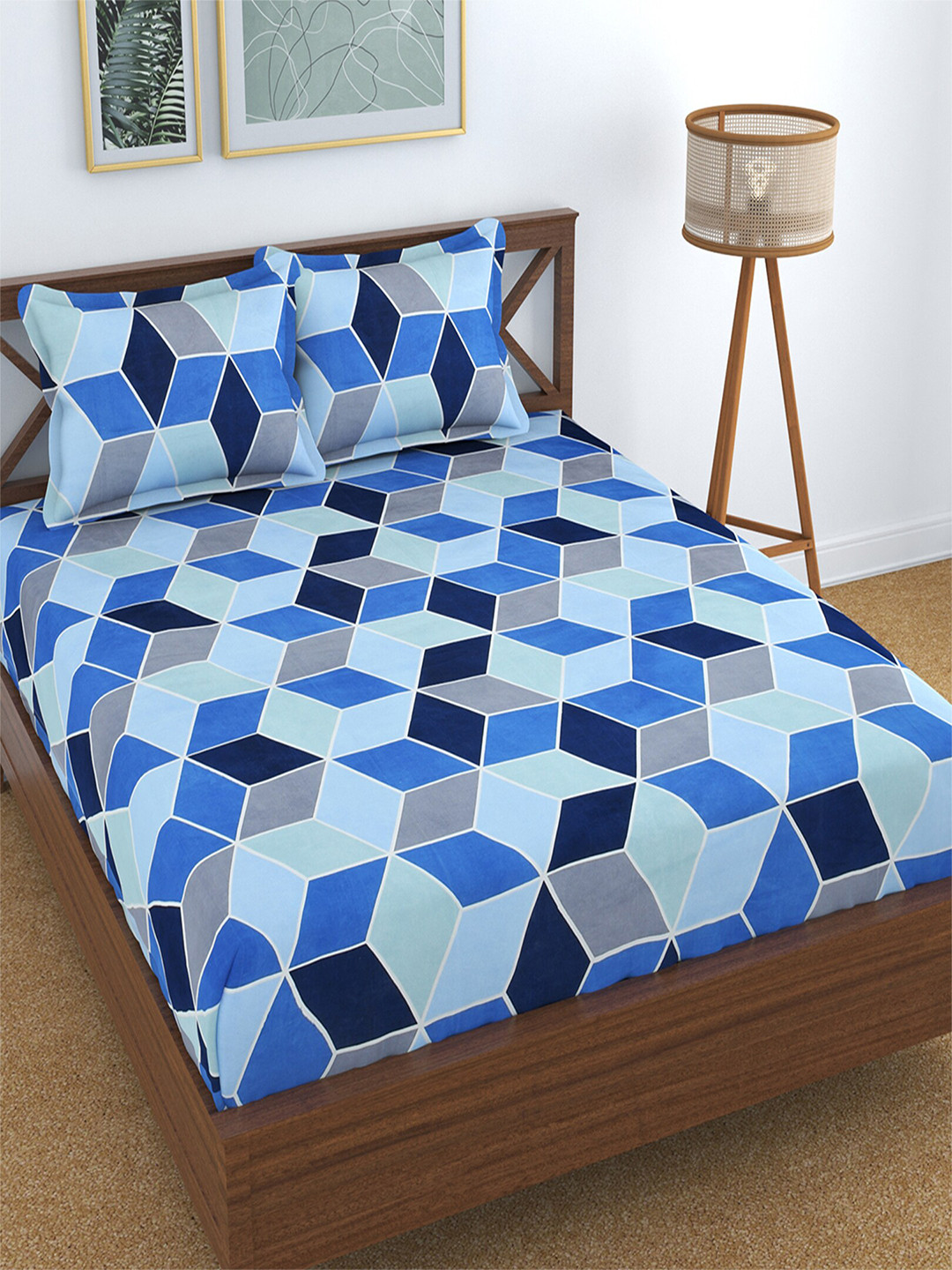 Hammer Home Blue Geometric Polycotton 200 TC King Fine Bedsheet with 2 Pillow Covers-90 x 100 inches