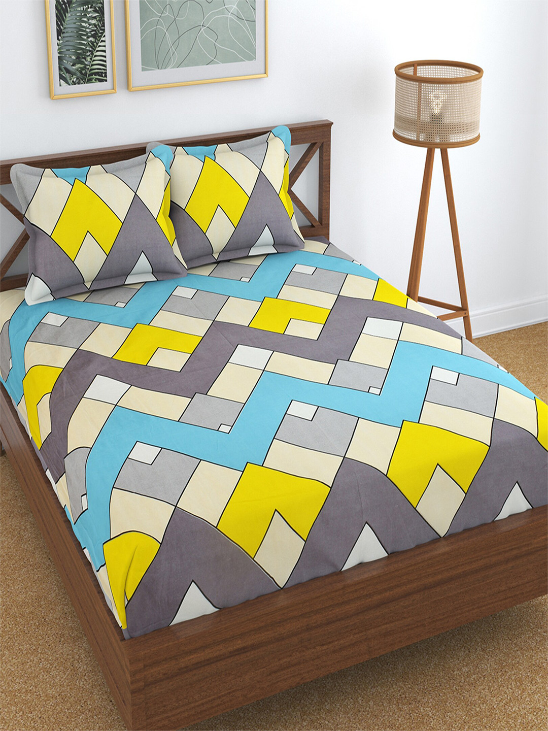 Hammer Home Grey & Yellow Geometric 200 TC King Bedsheet with 2 Pillow Covers