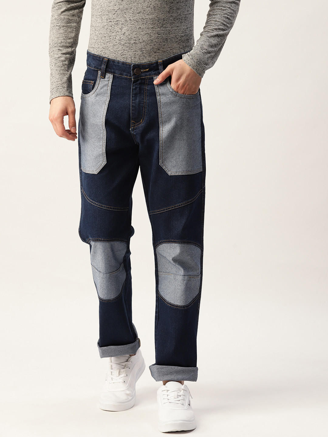 PARIS HAMILTON Men Relaxed Fit Low Distress Heavy Fade Colourblocked Stretchable Jeans