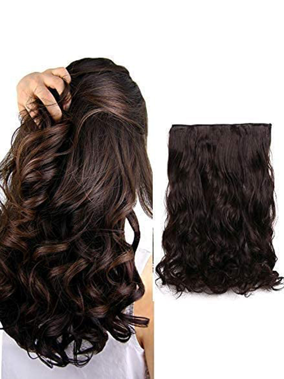 Chronex  24 Inches, 5 Clips Based Long Curly Synthetic Hair Extensions - Natural Brown