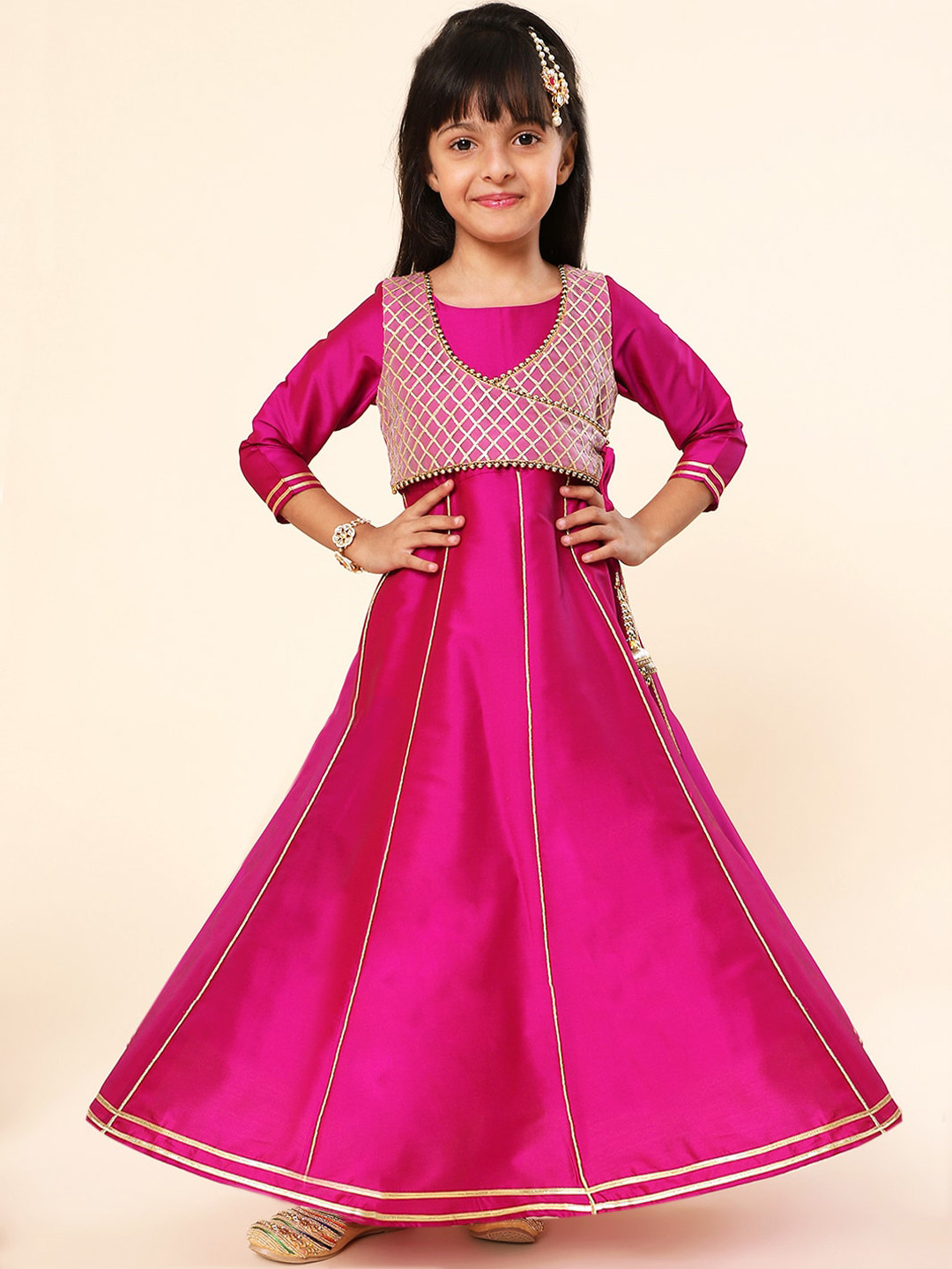 A.T.U.N. Girls Woven Design Gota Jacket Anarkali Gown