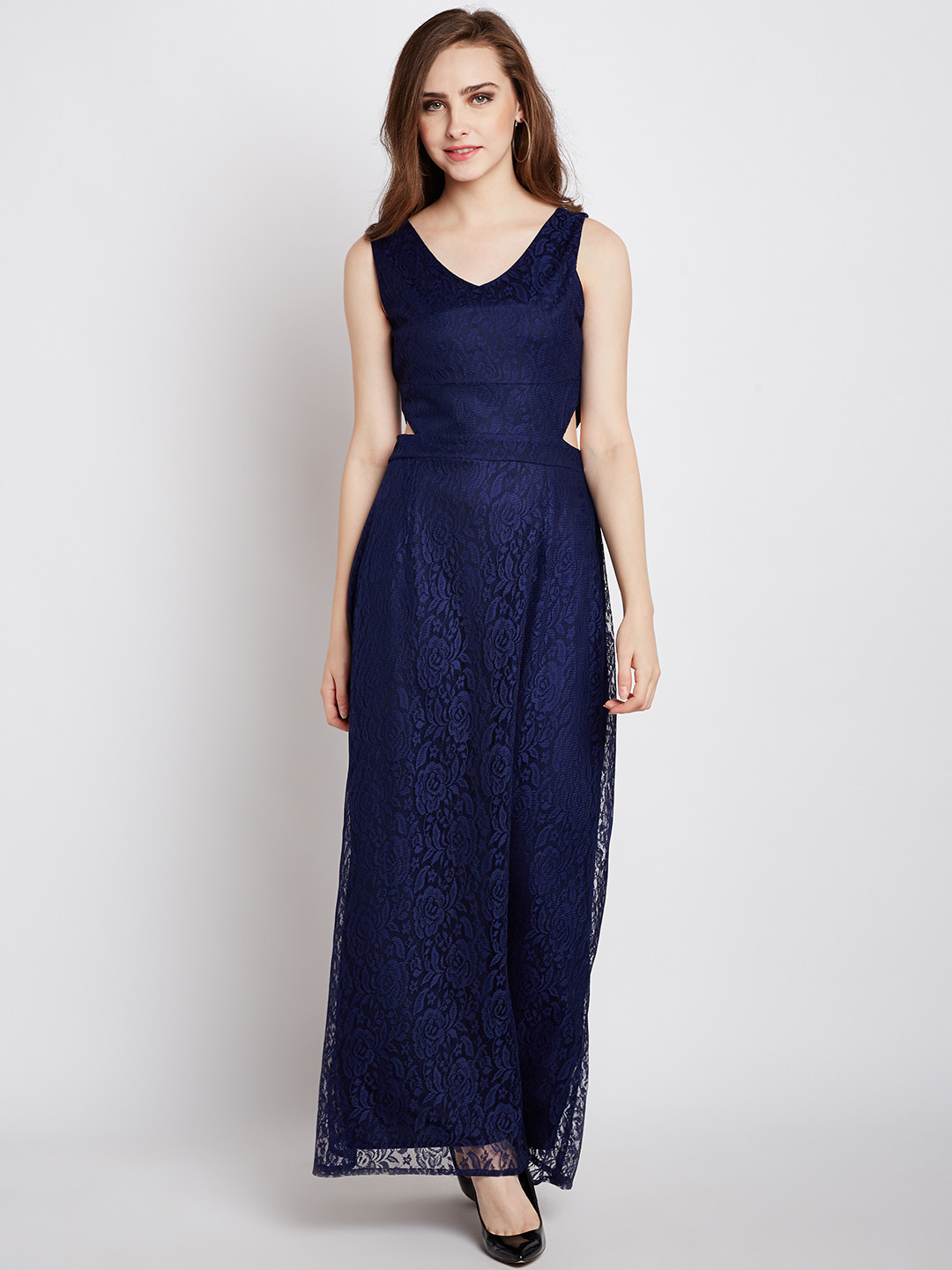 RARE Women Navy Blue Solid Party Maxi Dress