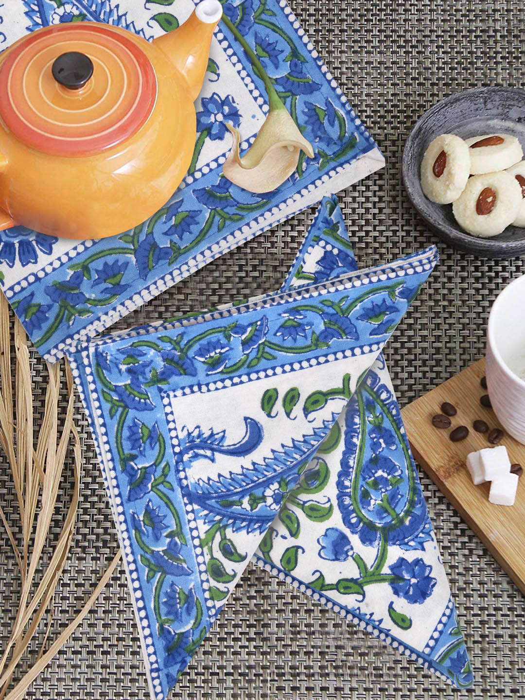 BLOCKS OF INDIA White & Blue Set Of 6 Paisley Printed Pure Cotton Table Napkins