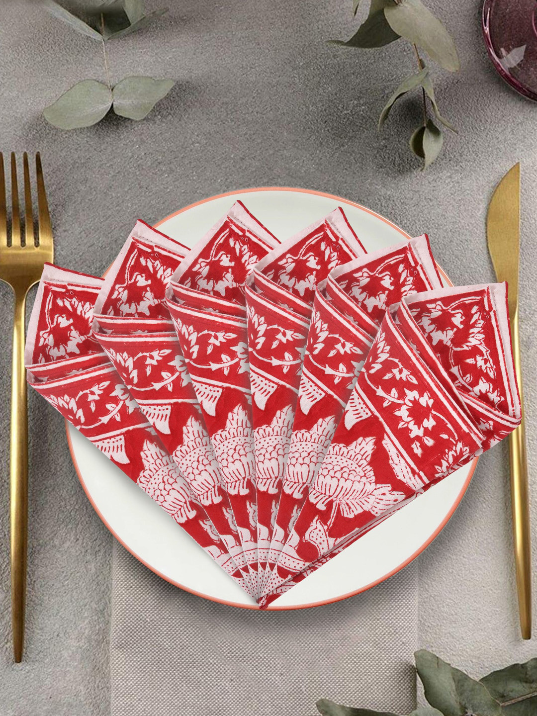 BLOCKS OF INDIA Red & White Set Of 6 Printed Pure Cotton Table Napkins