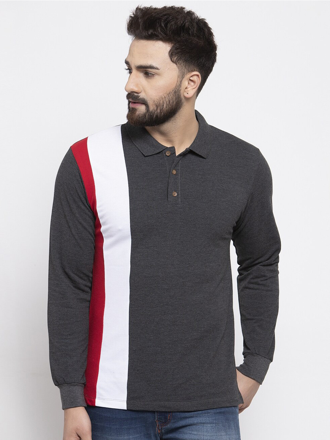 Kalt Men Colourblocked Polo Collar Applique T-shirt