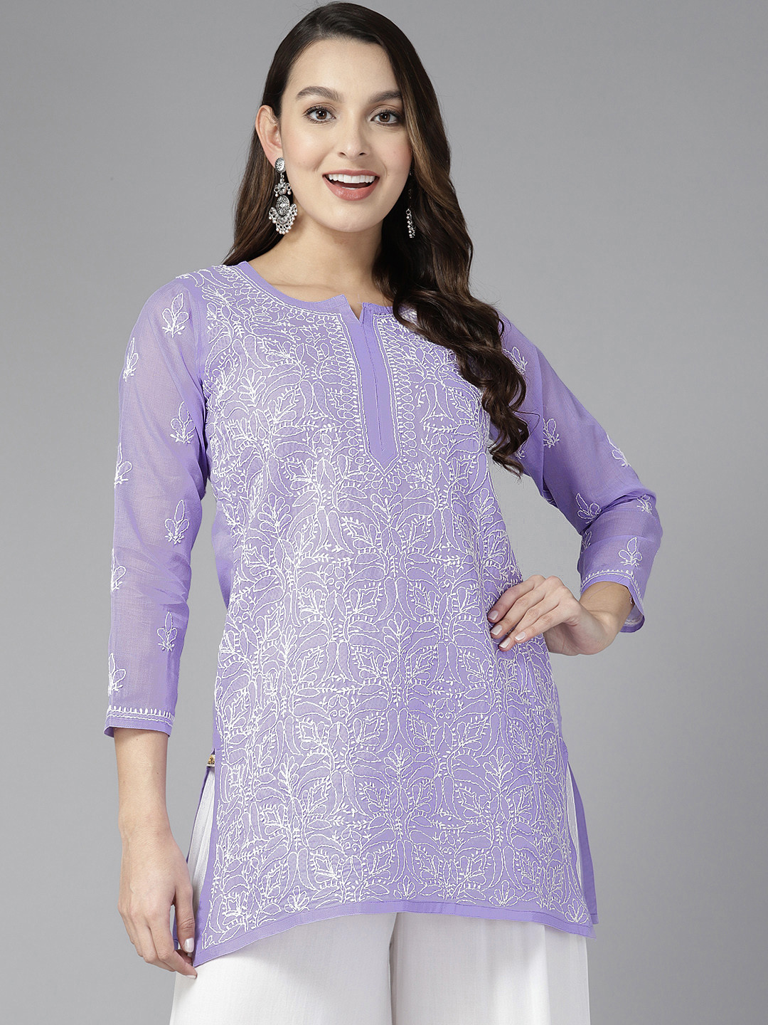 ADA Mauve & White Ethnic Motifs Embroidered Chikankari Kurti