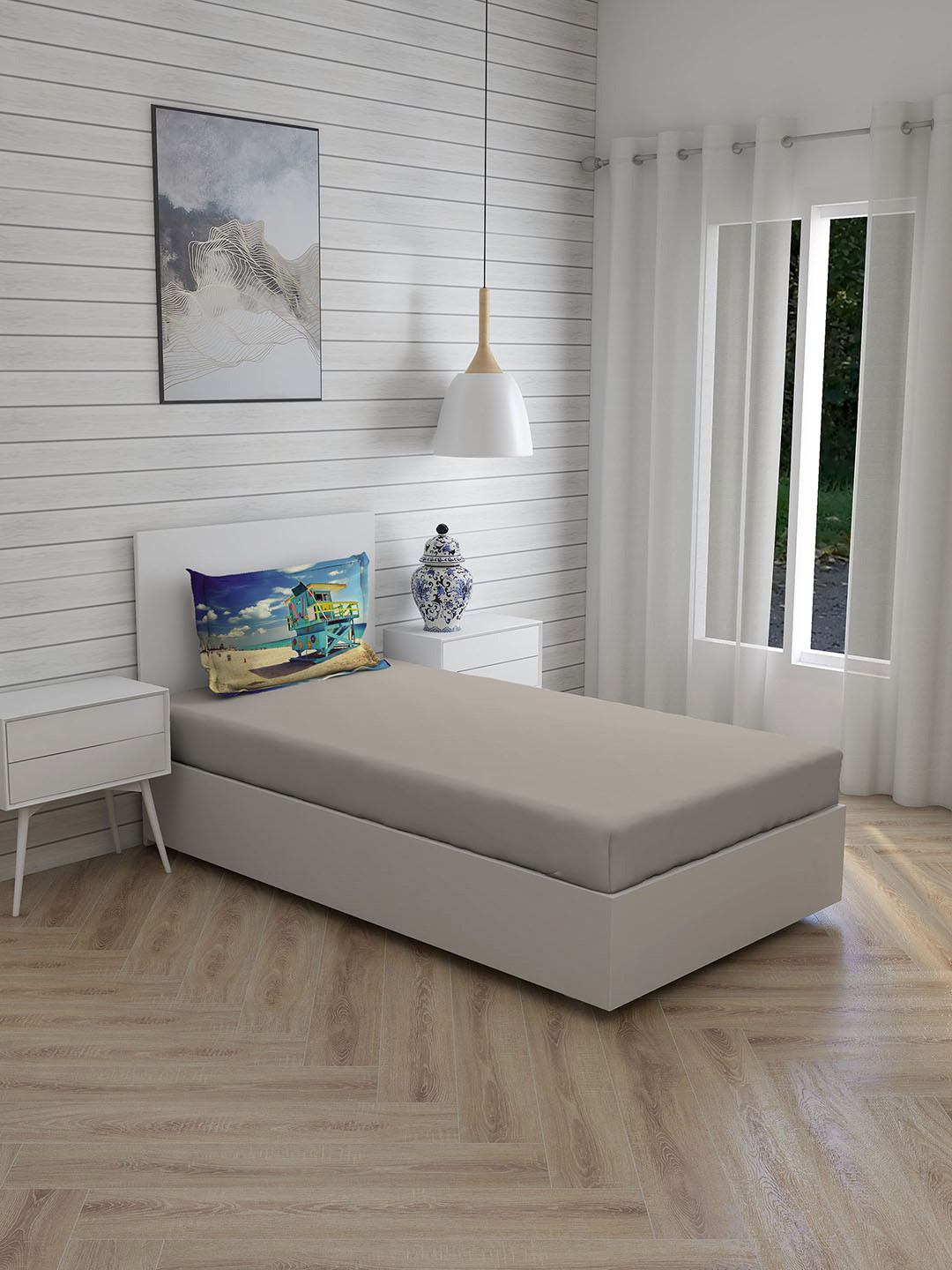 Boutique Living India Globe Trotter Grey 200 TC Cotton Single Bedsheet & 1 Pillow Cover