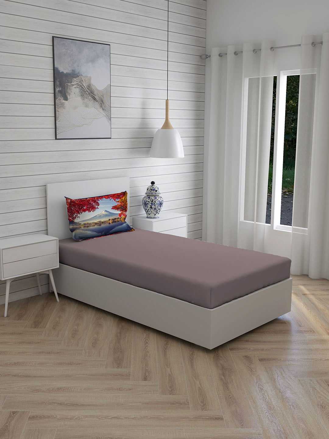 Boutique Living India Grey & Red 200 TC Cotton Single Bedsheet with 1 Pillow Cover