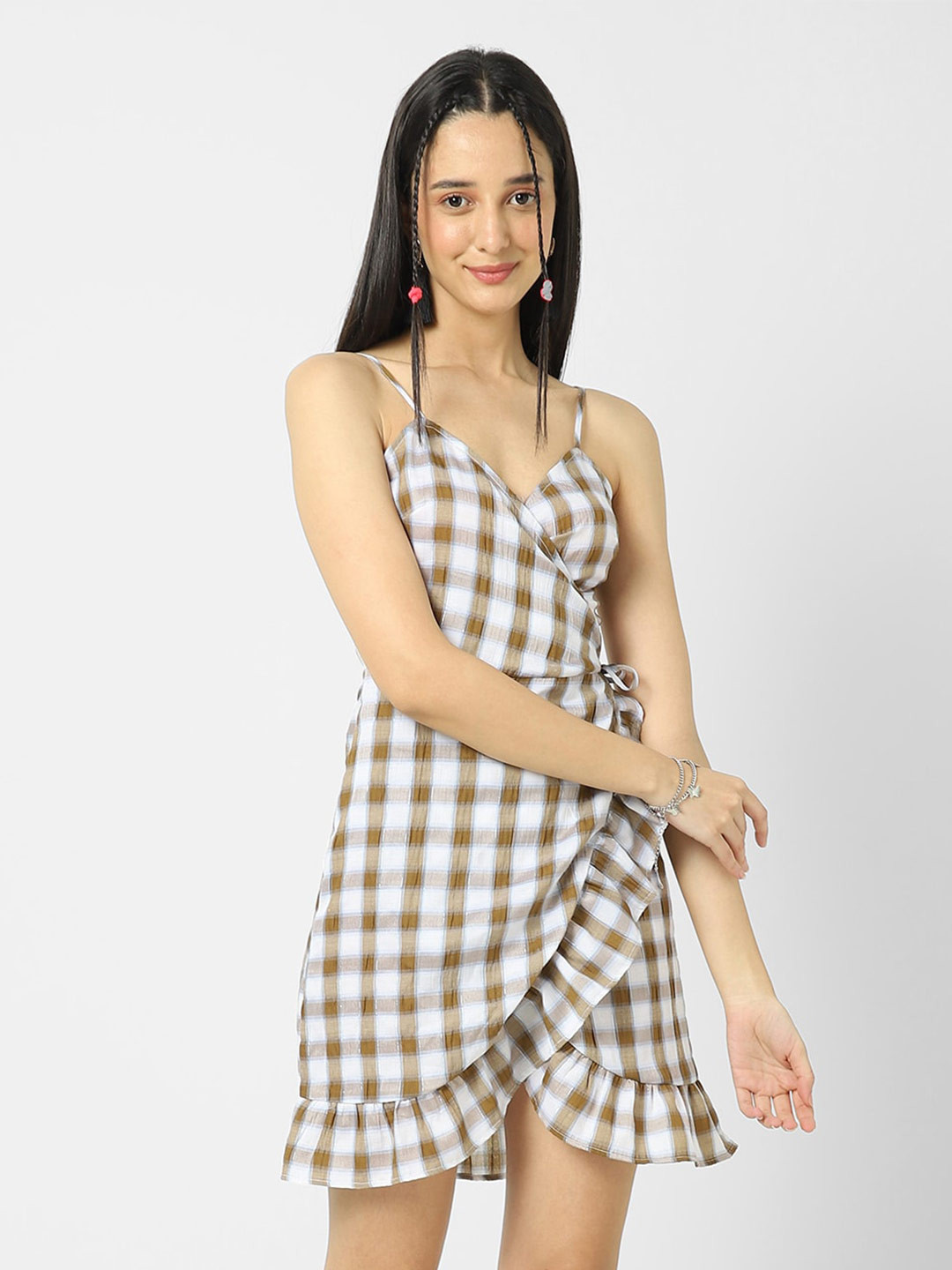 VASTRADO Brown Checked Crepe Mini Dress