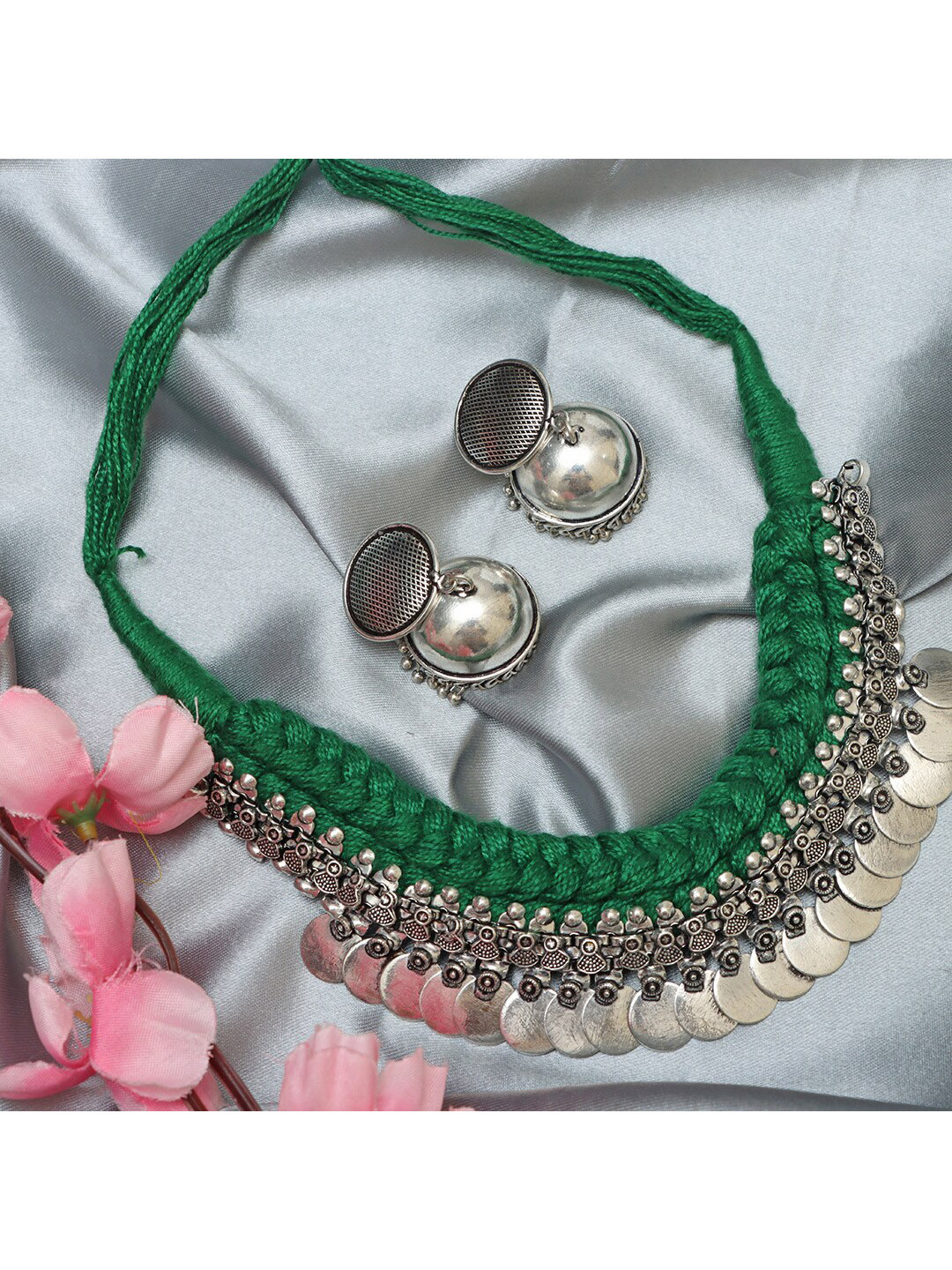 Ozanoo Silver-Plated Oxidised Coin Thread Necklace & Earrings