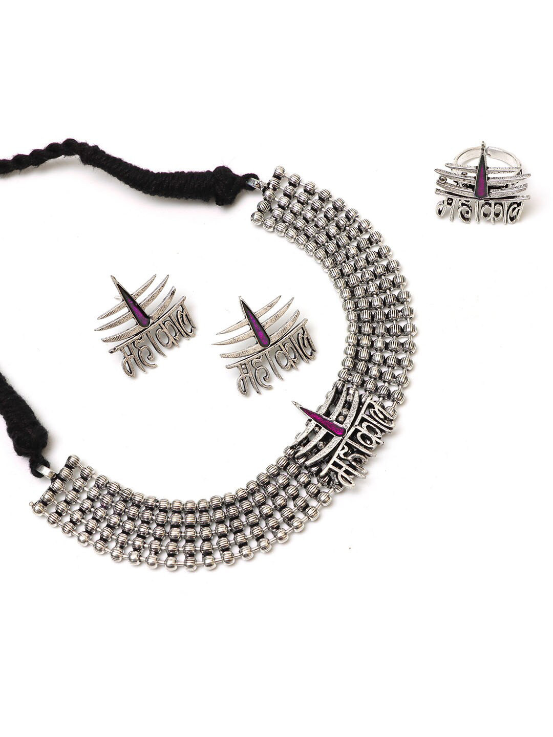 Ozanoo Oxidised Mahakaal Ball Chain Choker Jewellery Set with Finger Ring