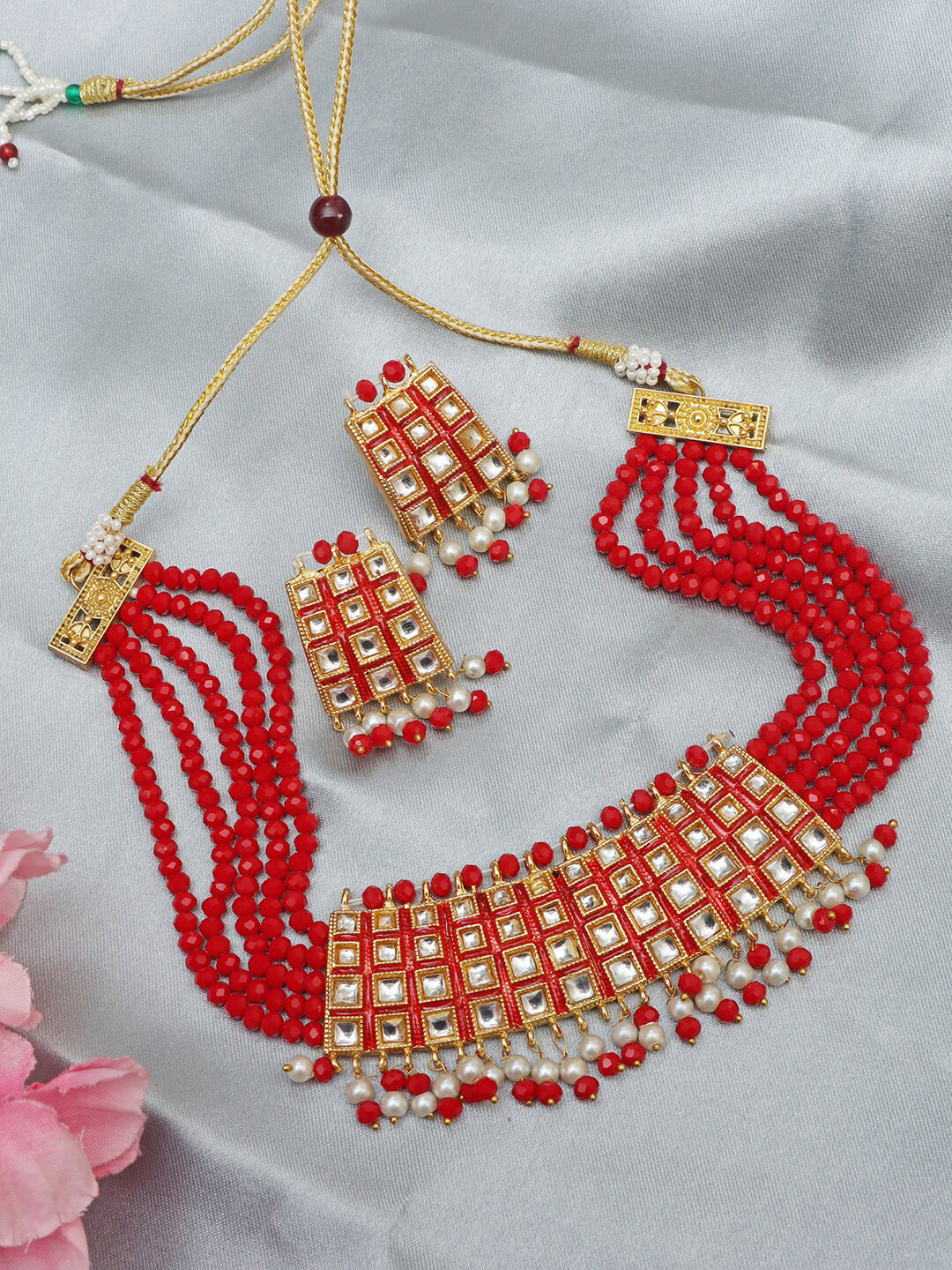 Ozanoo Gold-Plated Kundan Meenakari Jaipuri Cut Choker Necklace & Earrings