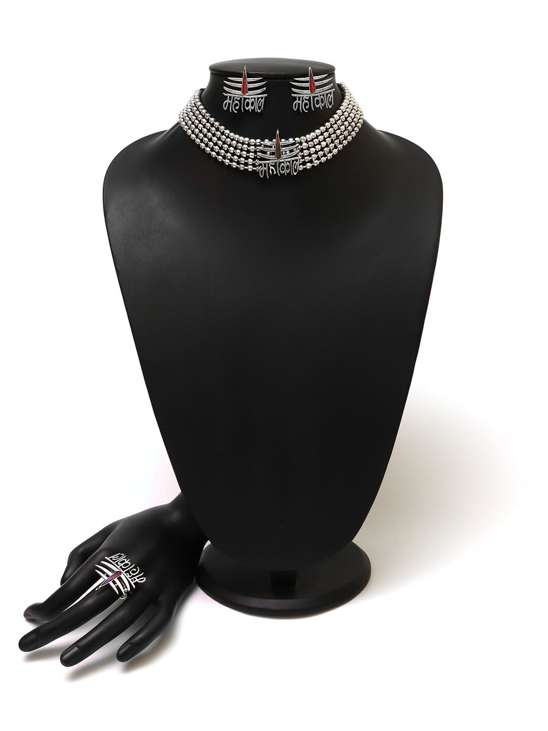 Ozanoo Oxidised Mahakaal Ball Chain Choker Set With Finger Ring